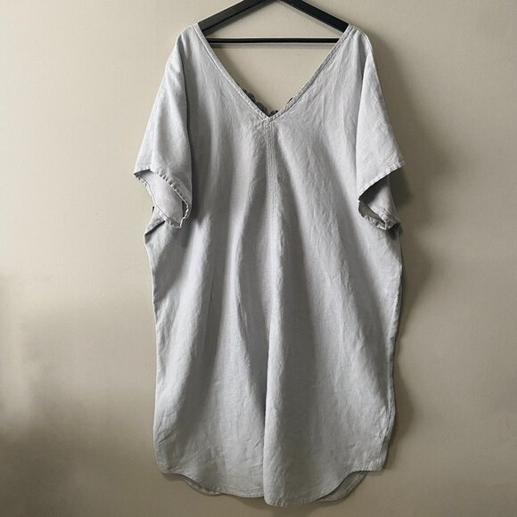 Handmade Plus Size 100% Linen Blue Grey Patch Pocket Floral Appliqué Dress - Picture 2 of 16